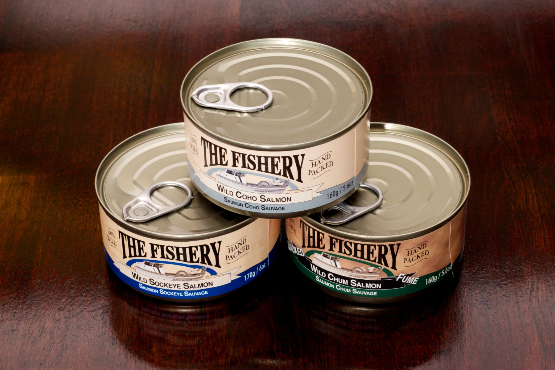 Three different salmon cans from The Fishery